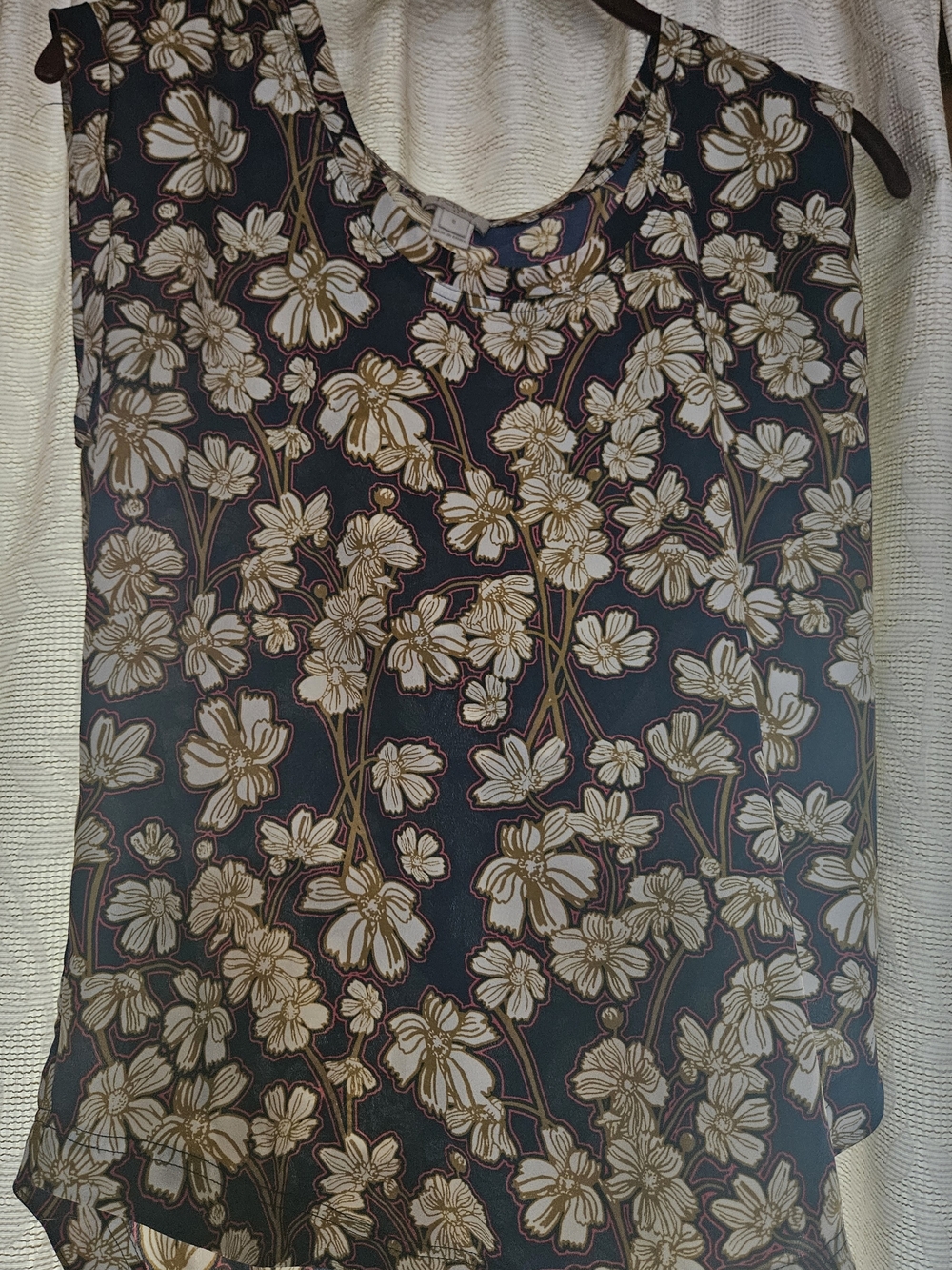J. Crew Navy Floral Sleeveless Blouse with Cream and Brown Flowers